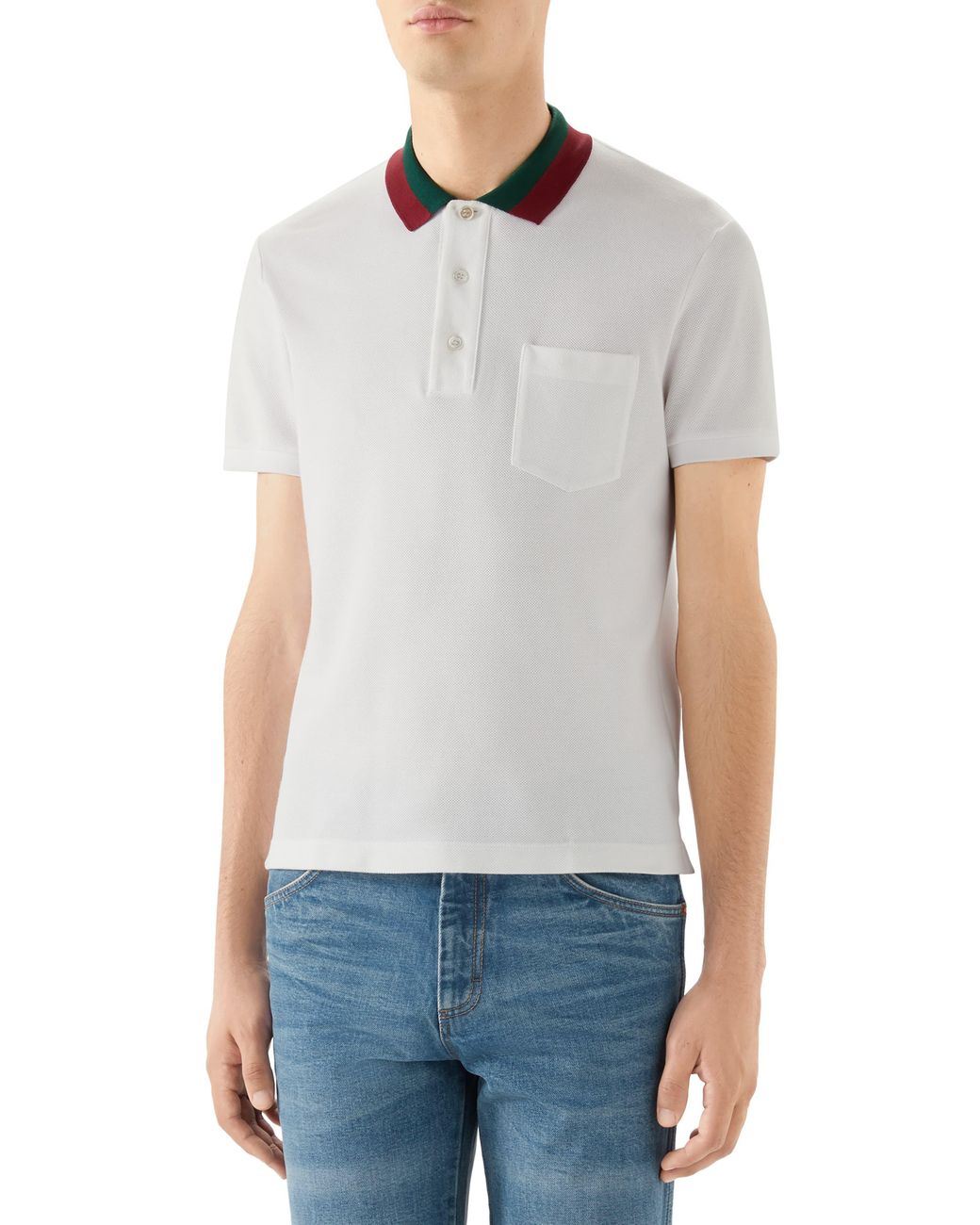 Gucci Two-tone Collar Short Sleeve Piqué Polo in White/ Green/ Red ...