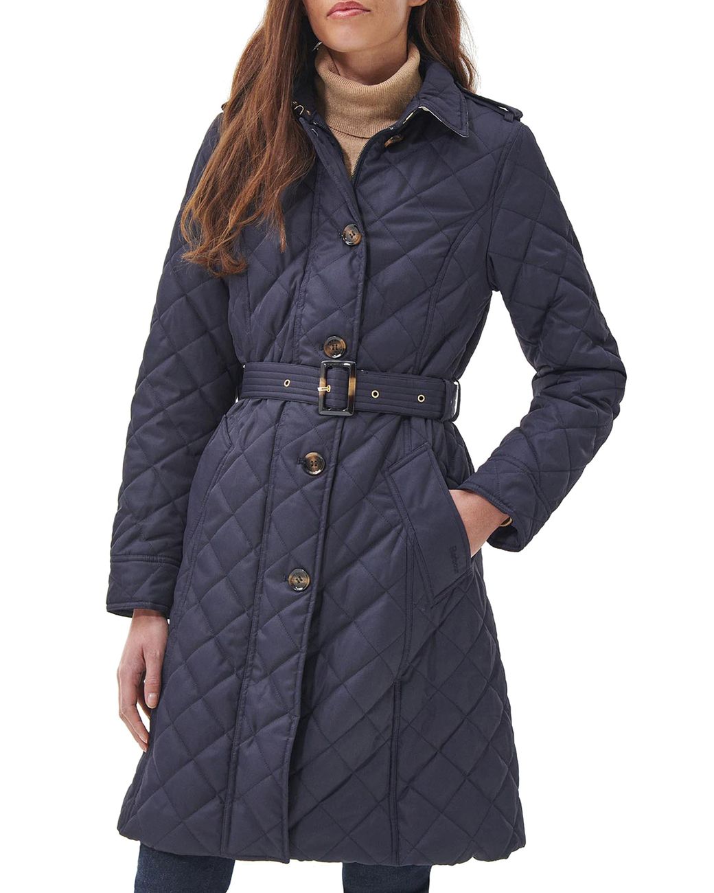 Barbour grand belted quilted mid length coat sale