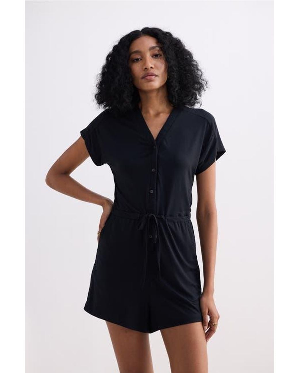 REISTOR Black V Neck Drawstring Knit Romper