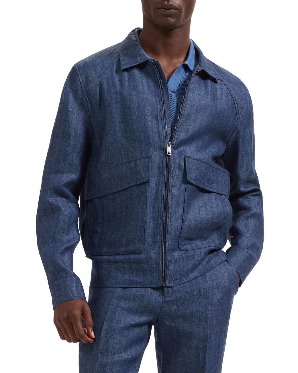 Bugatchi Blue Linen Bomber Jacket for men