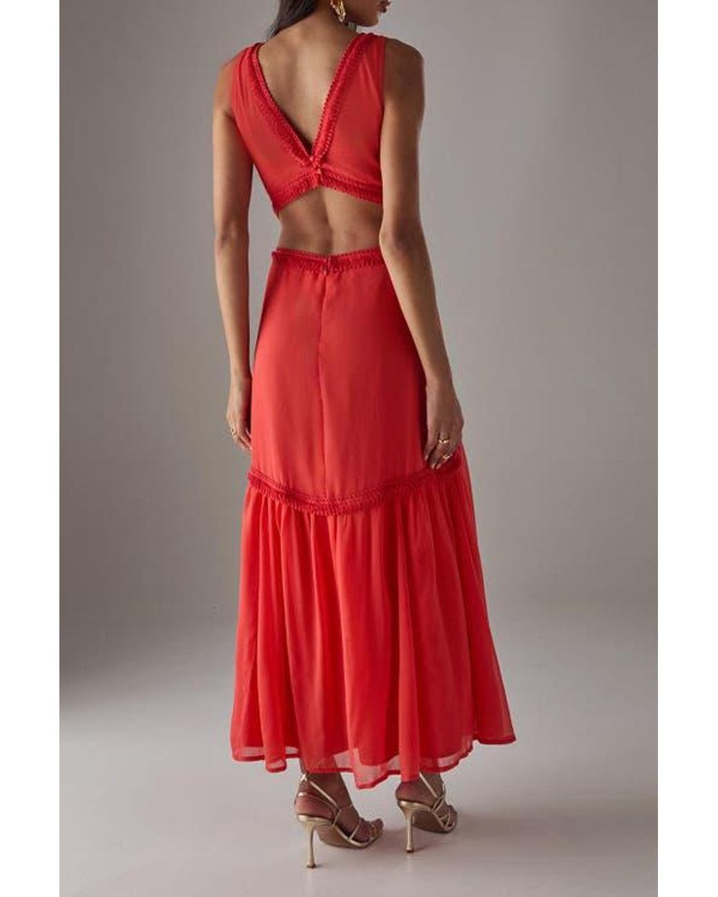 Warehouse Red Chiffon Fringe Trim Cut Out Maxi Dress