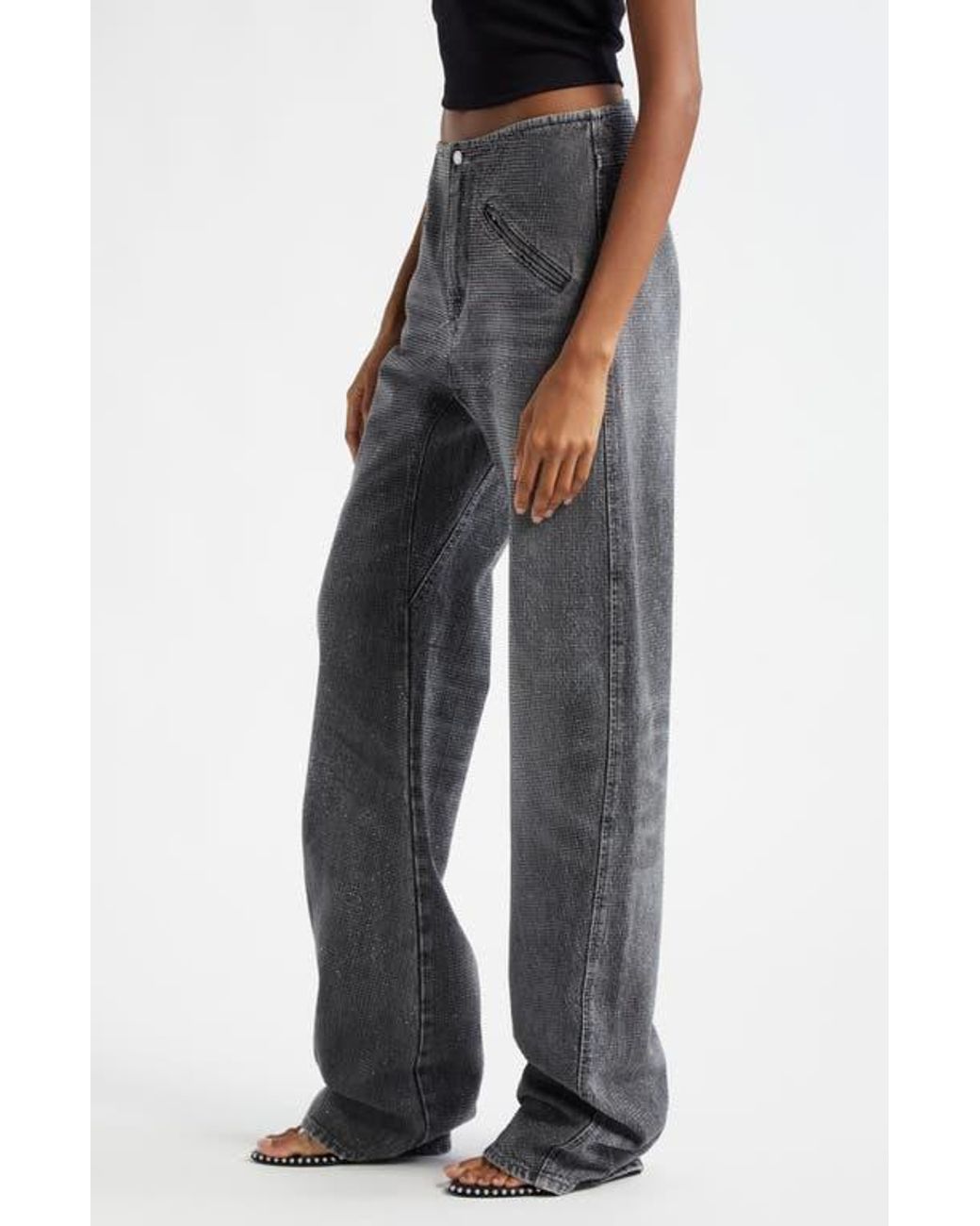 【関税込み】Alexander Wang Jeans with logo crystal hotfix clear crystal hotfix moto pant in cotton denim in BLACK