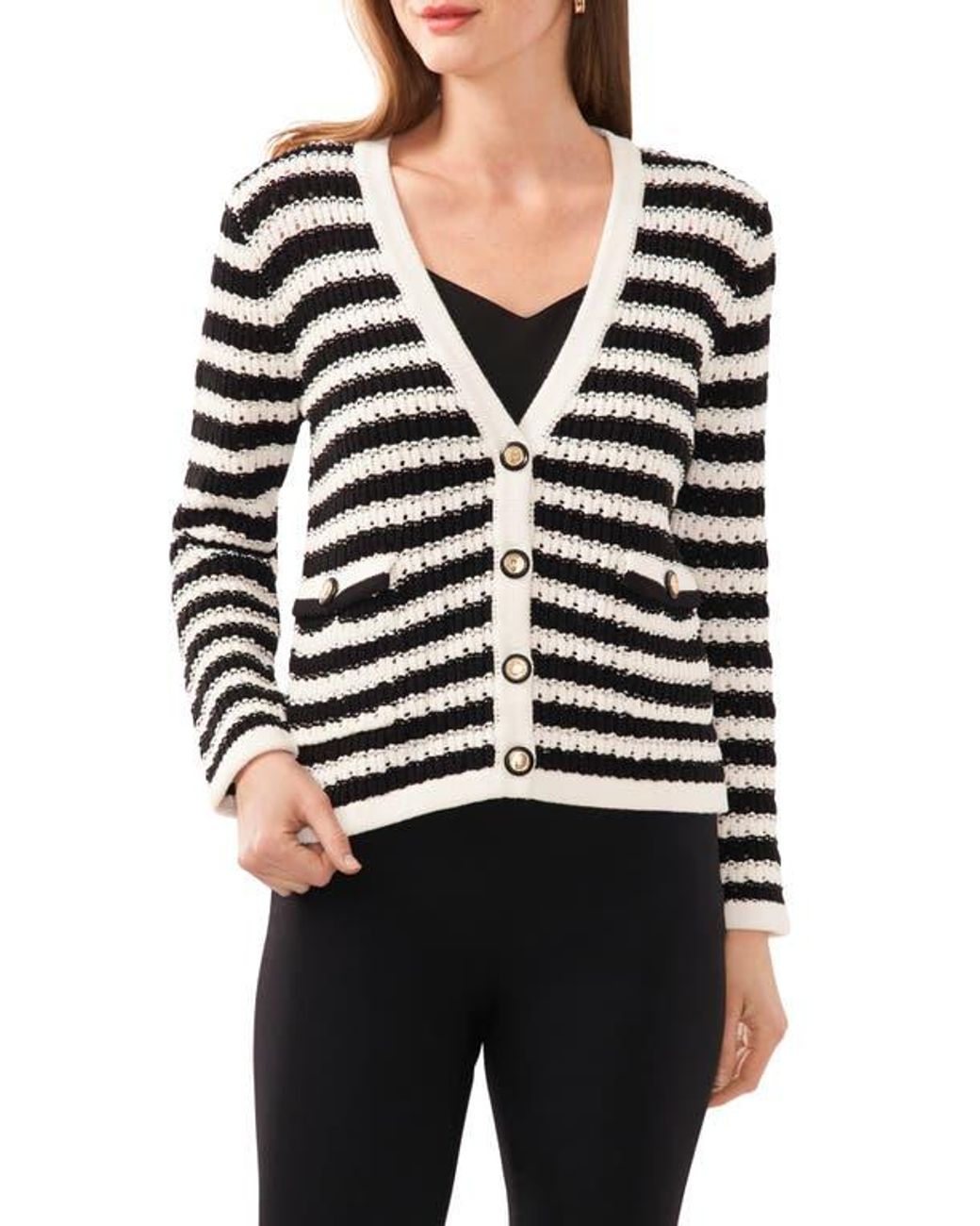 Halogen Stripe V Neck Cardigan in Black Lyst