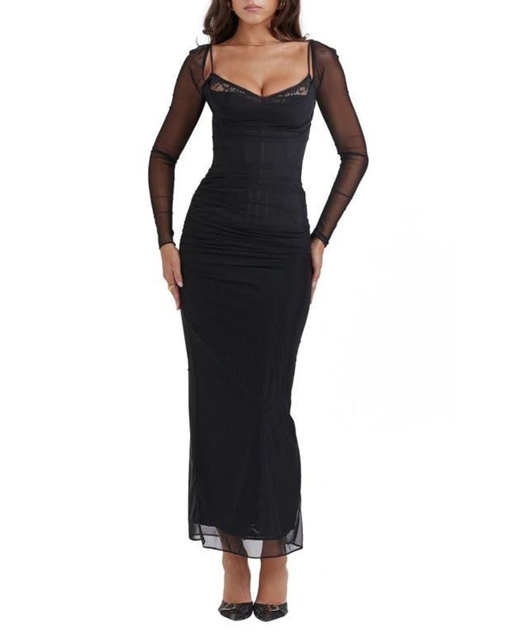 House Of Cb Katrina Lace Mesh Long Sleeve Gown in Black | Lyst