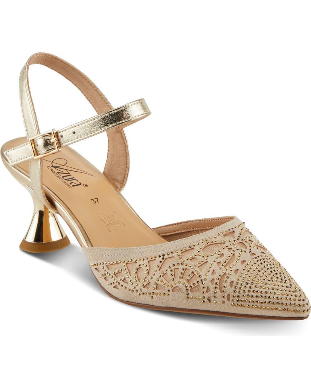 AZURA BY SPRING STEP Metallic Delicate Ankle Strap Pointed Toe Pump