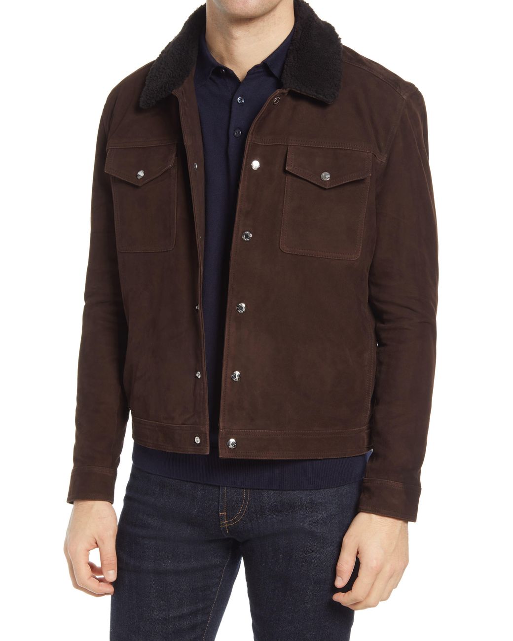 Reiss Miles Suede & Genuine Shearling Trucker Jacket in Chocolate