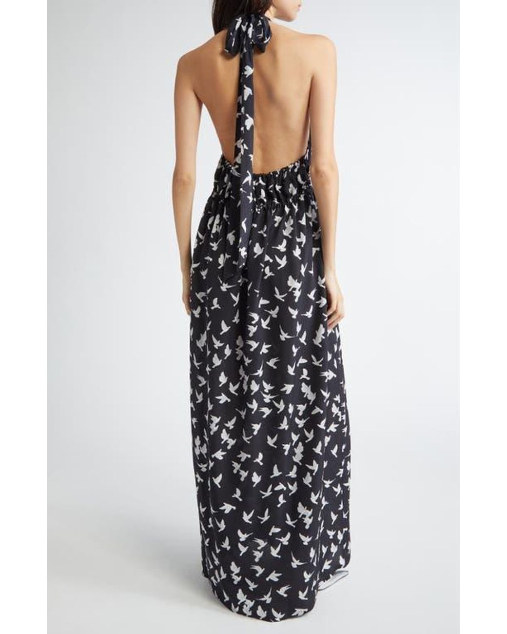 Stella McCartney Mini Birds Halter Neck Silk Crpe De Chine Maxi Dress in  Black | Lyst