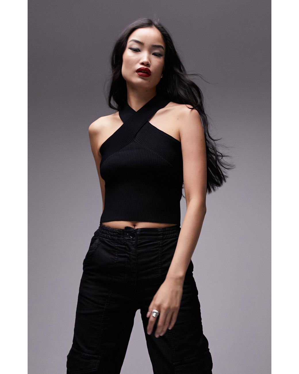 TOPSHOP Rib Crossover Top in Black | Lyst