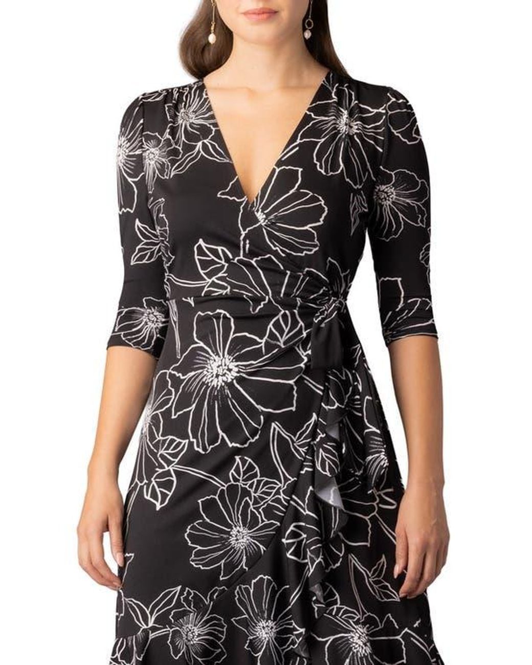 Kiyonna Black Flirty Flounce Midi Wrap Dress With 3/4 Sleeves