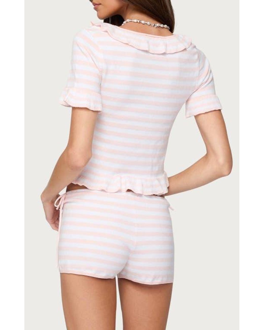 Edikted Janelle Stripe Ruffle Crop Tie Front Top in White | Lyst