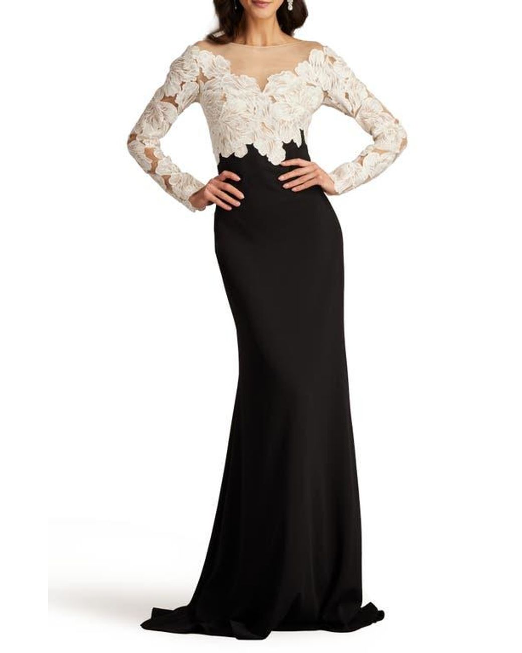 Tadashi Shoji Floral Lace Bodice Mixed Media Long Sleeve Tadashi Shoji Floral Lace Bodice Mixed Media Long Sleeve
