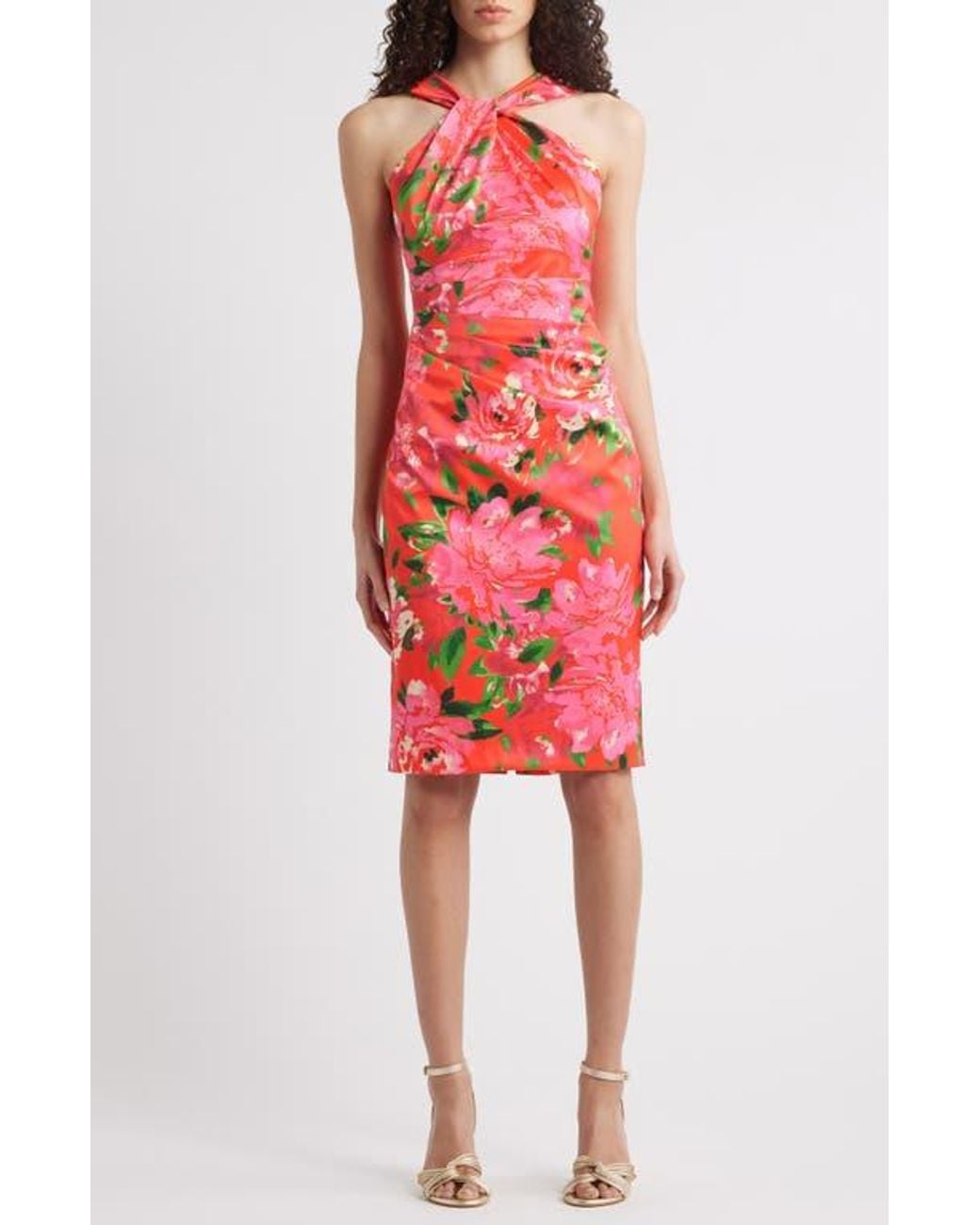 Eliza J Floral Print Twist Neck Sheath Dress in Red | Lyst