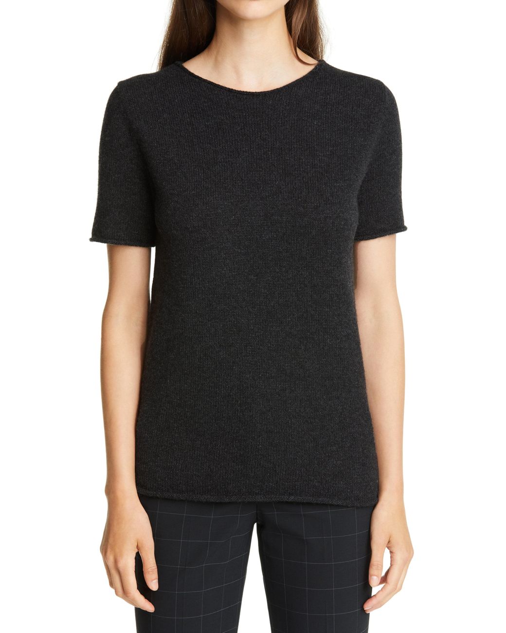 Theory Tolleree Short Sleeve Cashmere Sweater in Dark Charcoal (Black