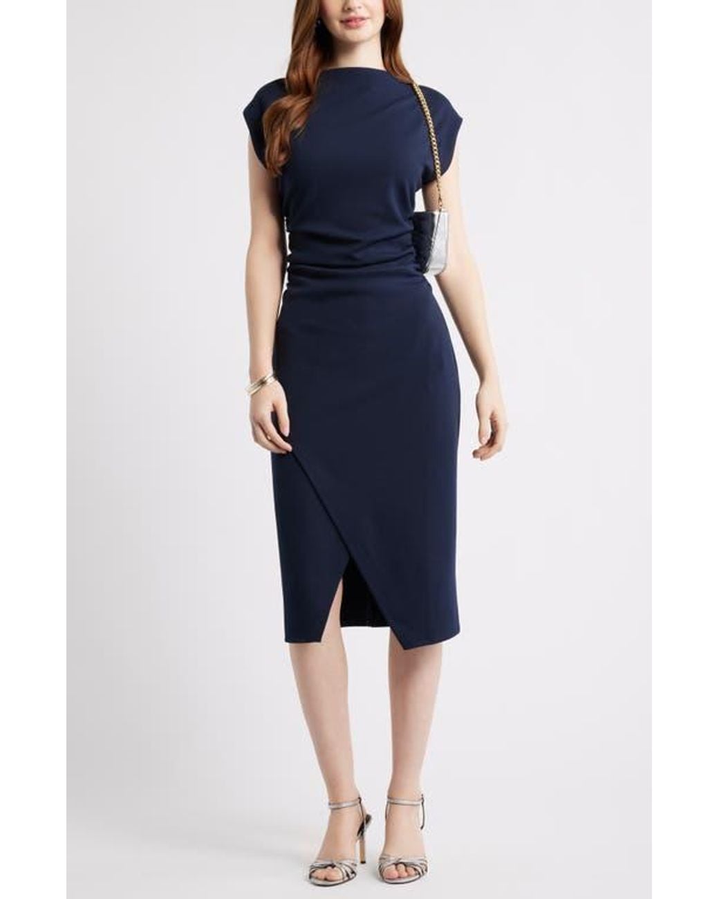Nordstrom Ruched Funnel Neck Midi Dress in Blue | Lyst Nordstrom Ruched Funnel Neck Midi Dress in Blue | Lyst