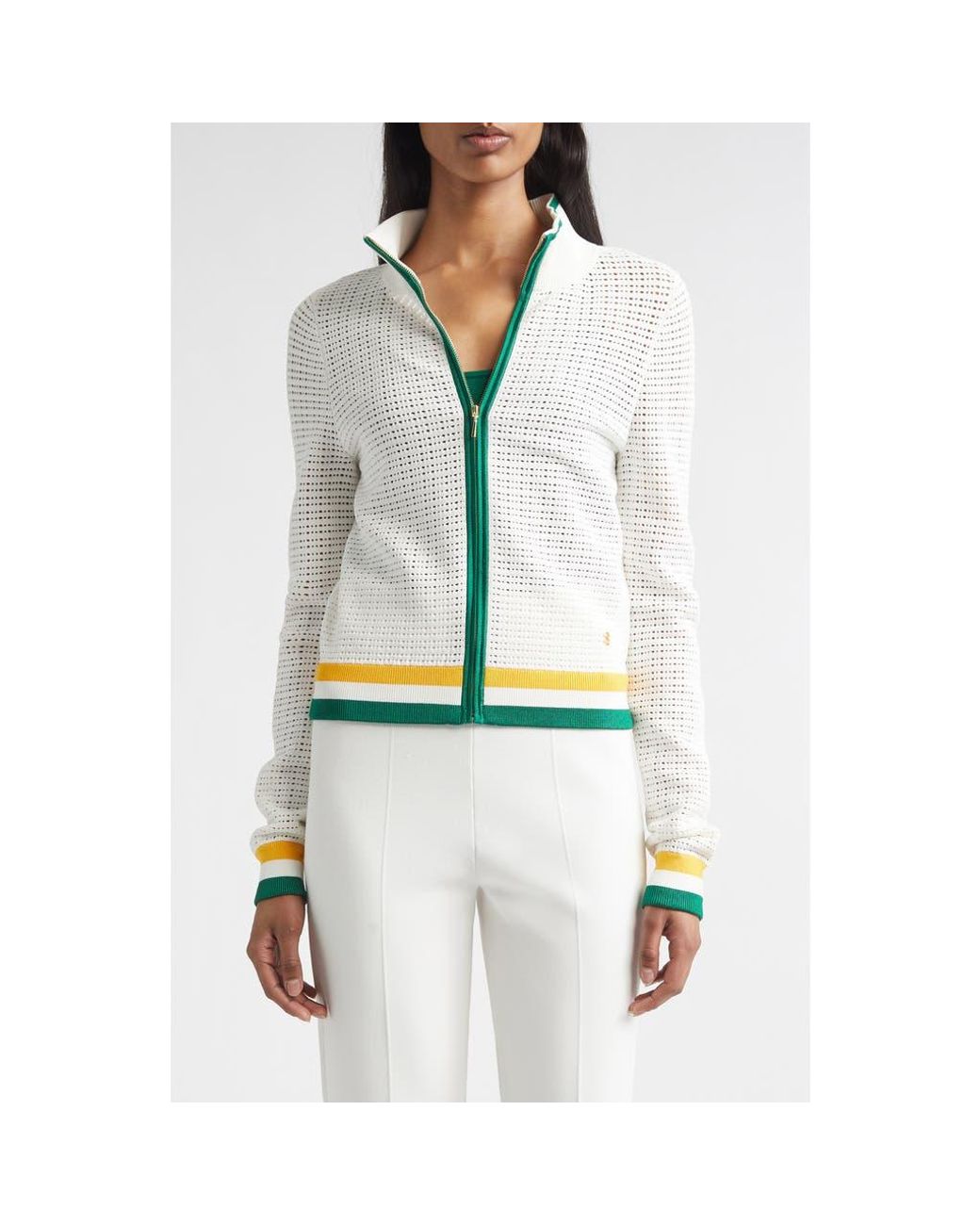 St. John White Geometric Point Open Knit Zip-Up Jacket