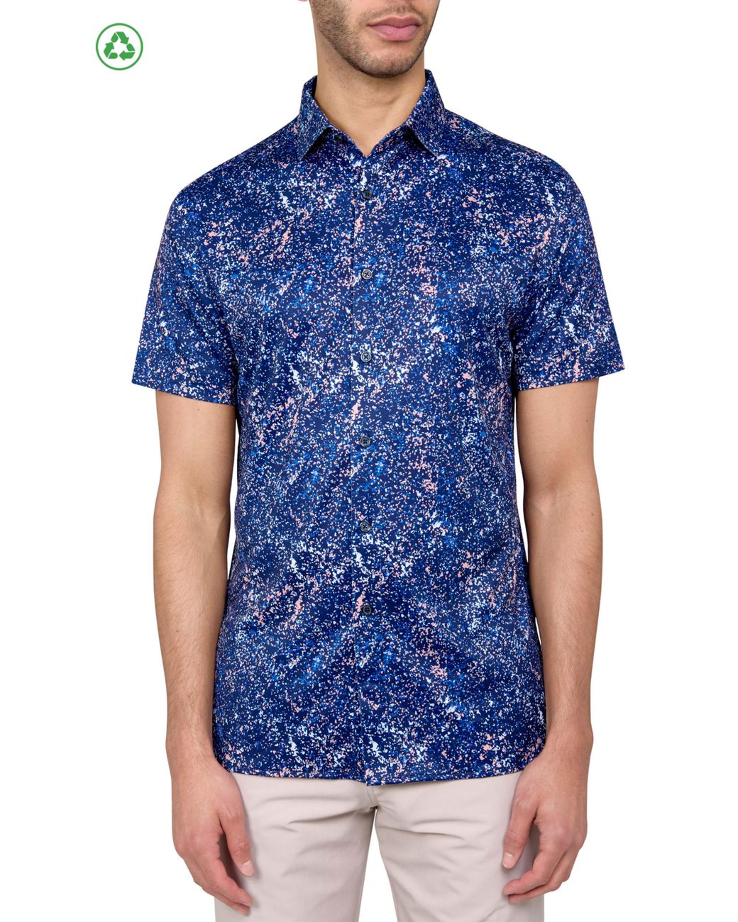 Con.struct Blue Regular Fit Splatter Print Recycled Performance Golf Button-Down Shirt for men