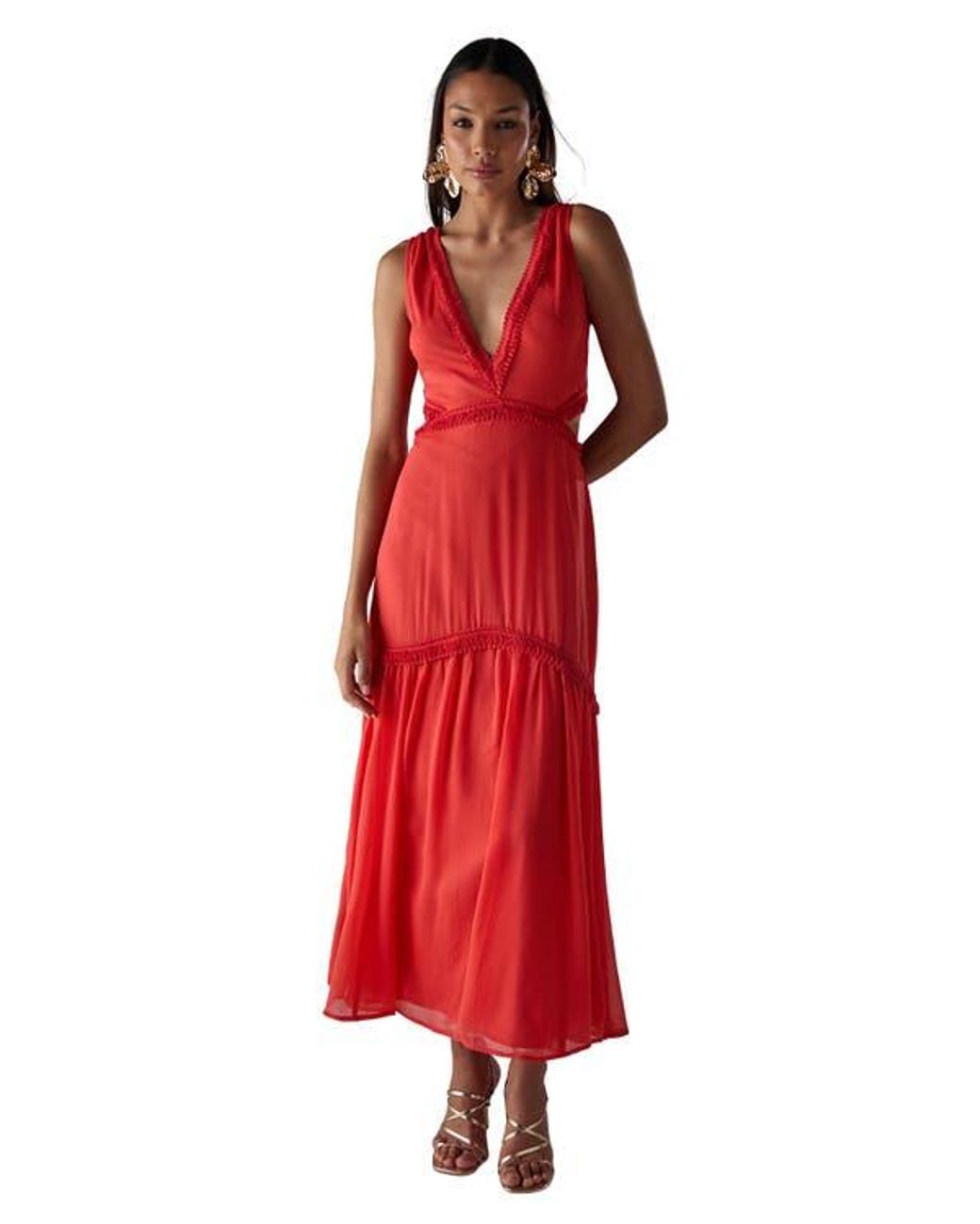 Warehouse Red Chiffon Fringe Trim Cut Out Maxi Dress