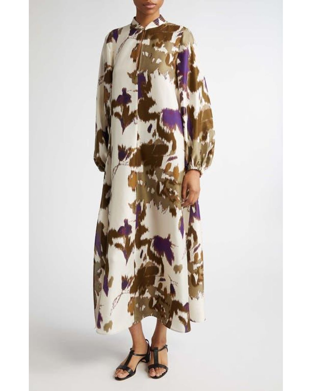 Max Mara Maesa Floral Long Sleeve Shantung Silk Maxi Dress
