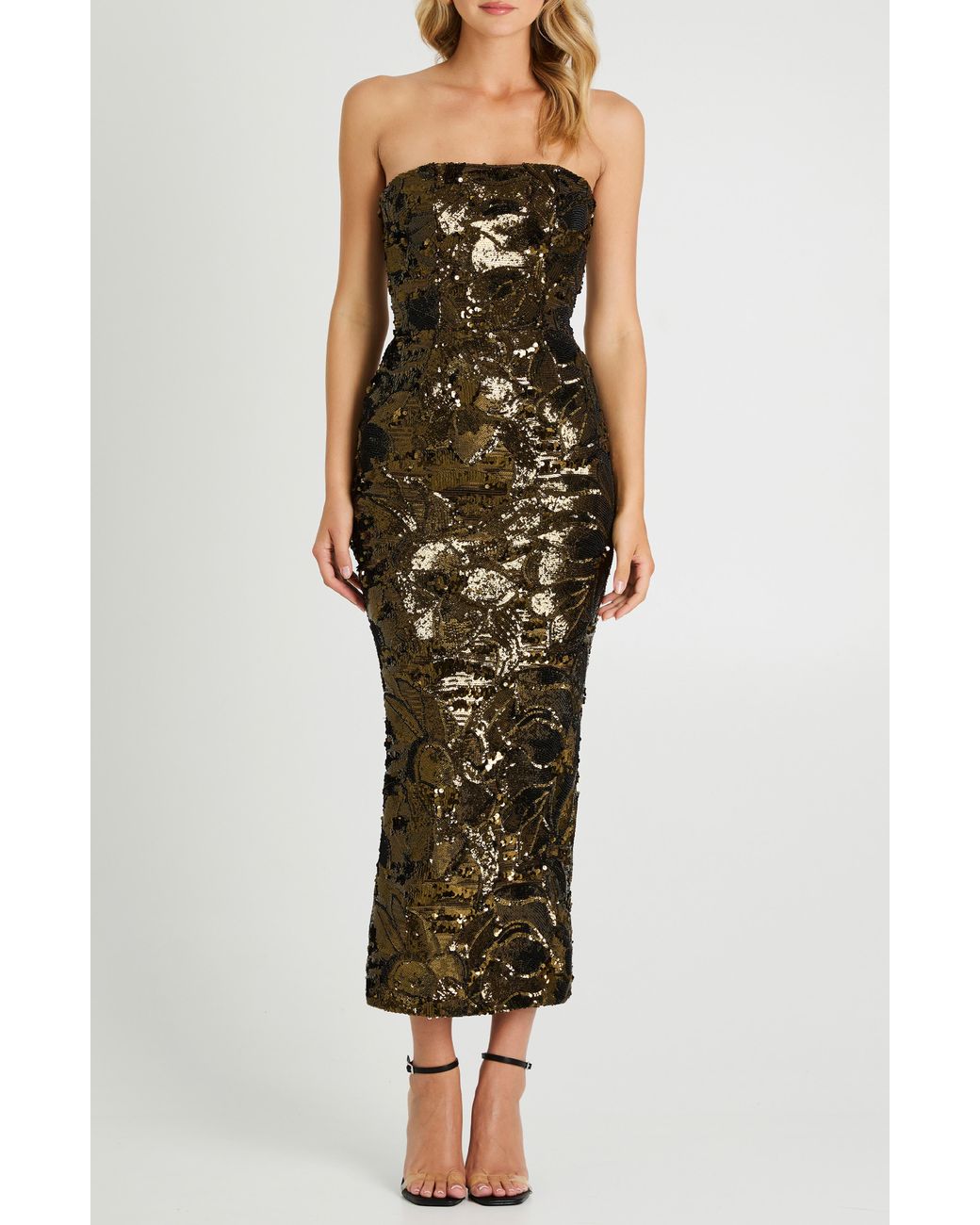 HELSI Red Leslie Pattern Sequin Strapless Gown