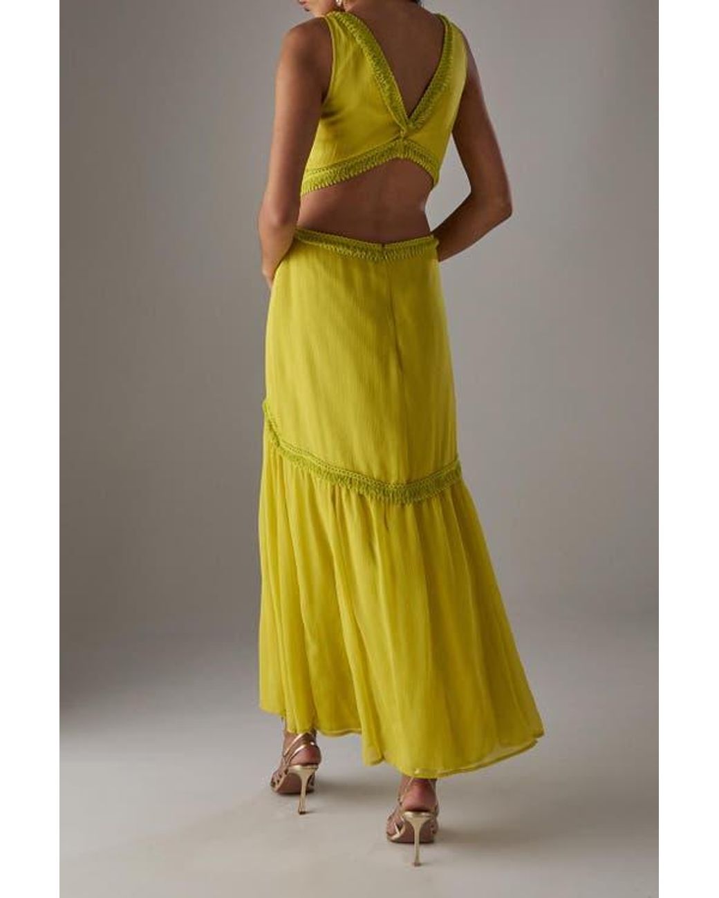 Warehouse Yellow Chiffon Fringe Trim Cut Out Maxi Dress