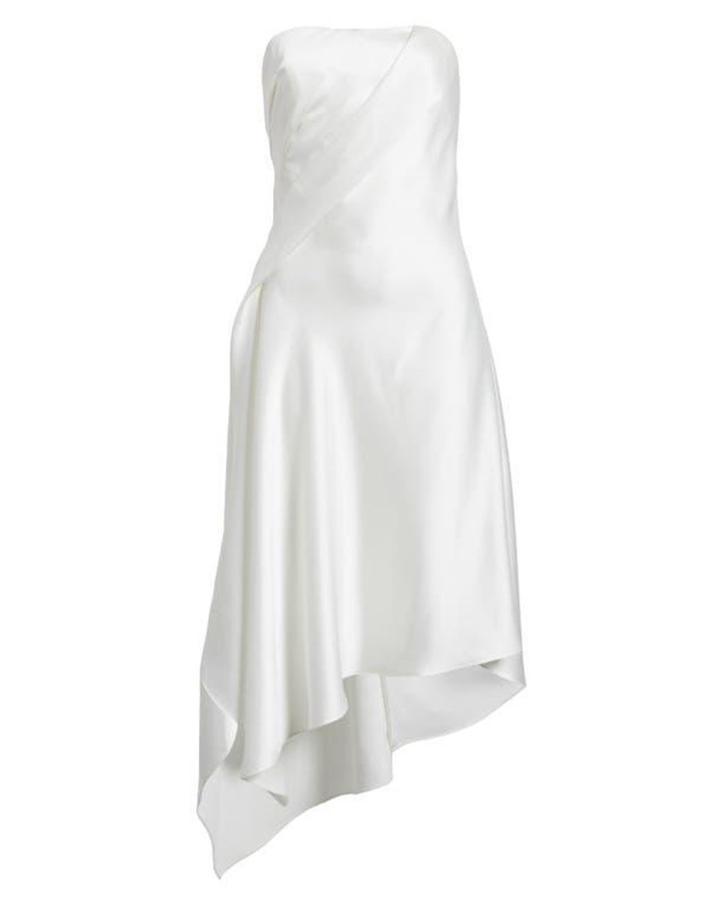 Amsale Asymmetric Strapless Satin Midi Dress in White | Lyst