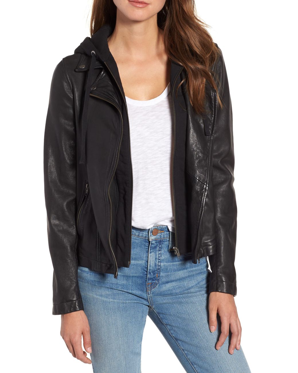 Caslon Caslon Leather Moto Jacket With Removable Hood in Black | Lyst