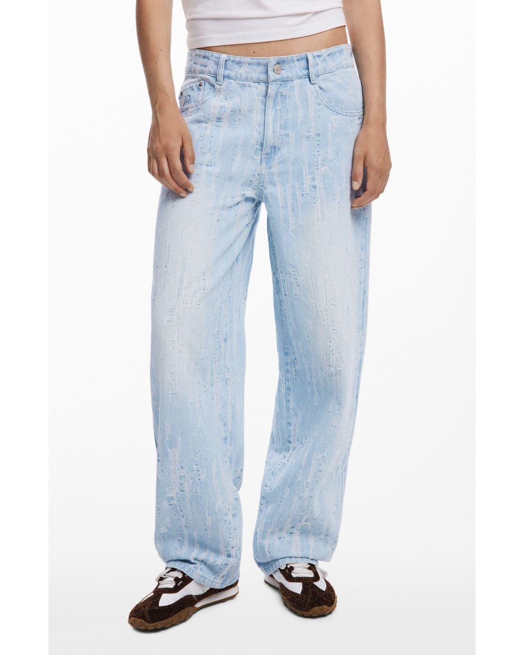 Desigual Blue Distressed Stripe Wide Leg Jeans