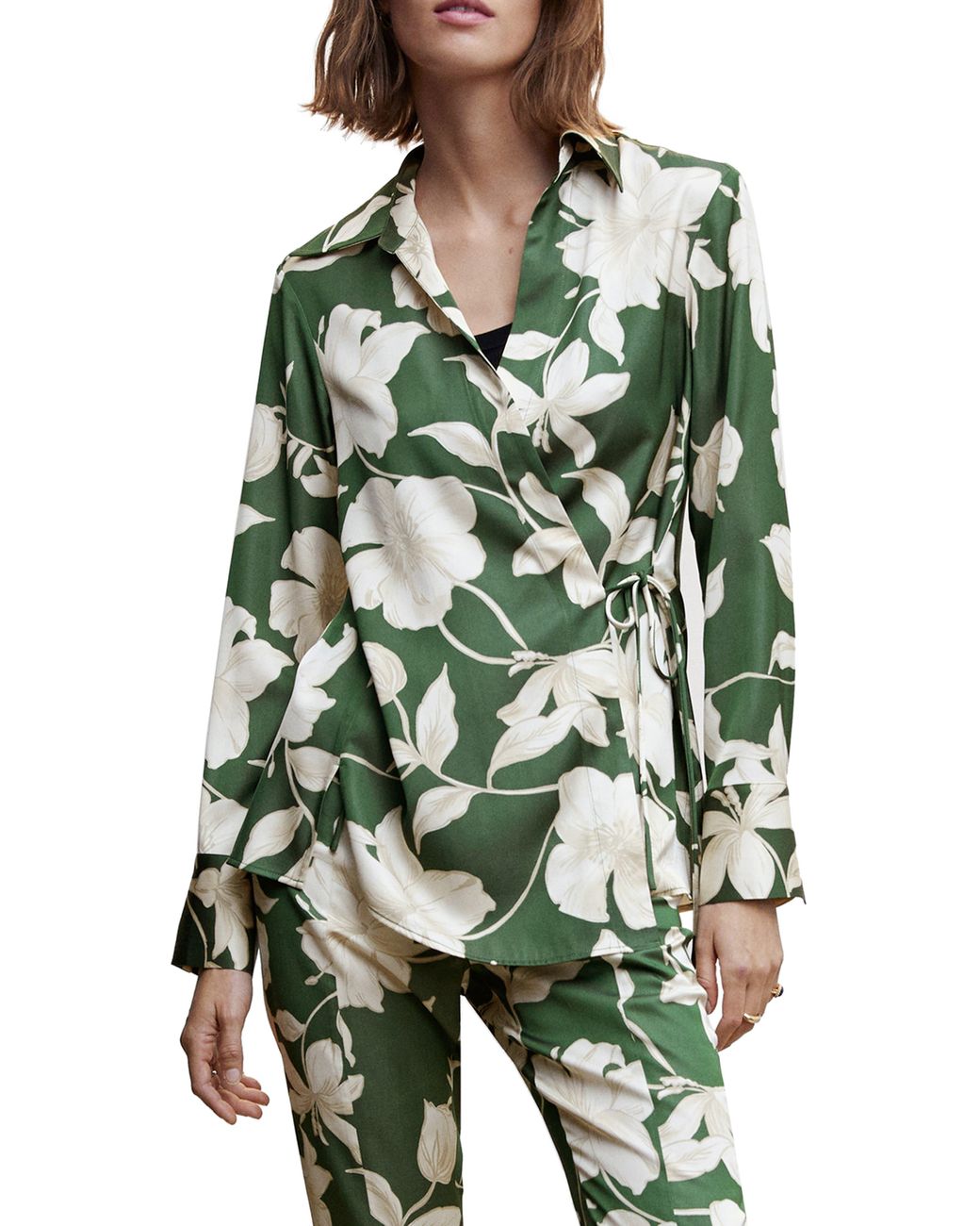 Mango Floral Print Satin Wrap Blouse in Green Lyst