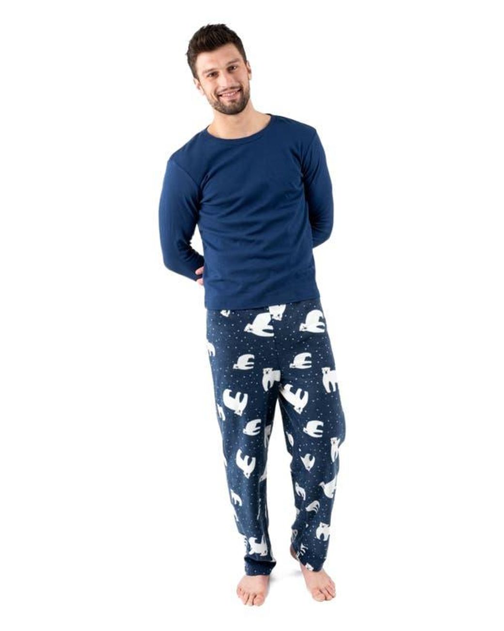 Leveret Blue Cotton Top & Fleece Pants Printed Matching Family Holiday Pajama Set for men