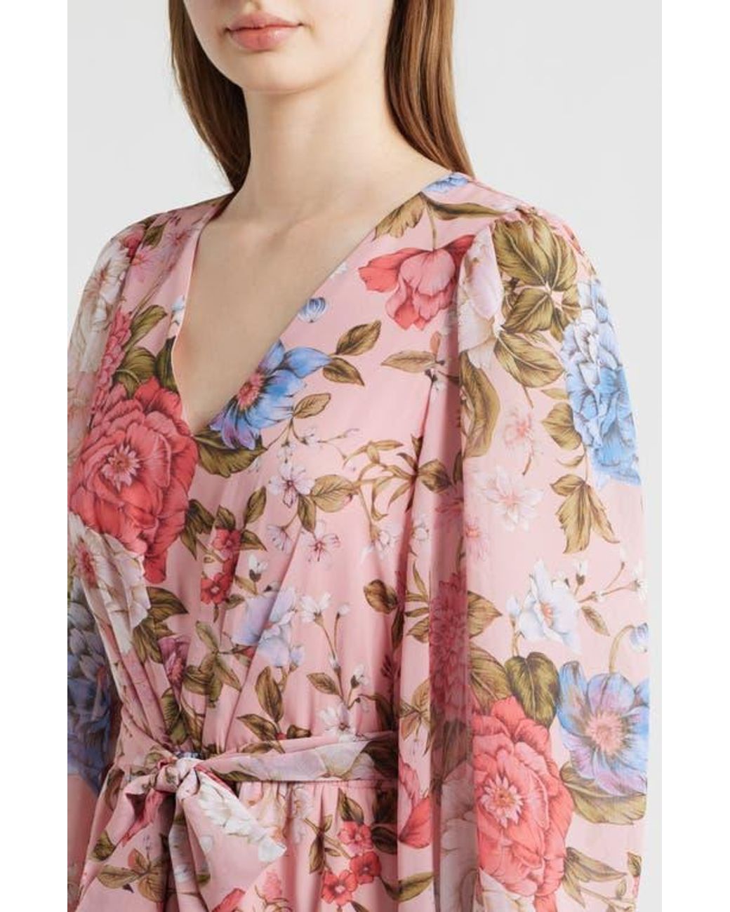 Anne Klein Floral Print Tie Waist Midi Dress in Red | Lyst