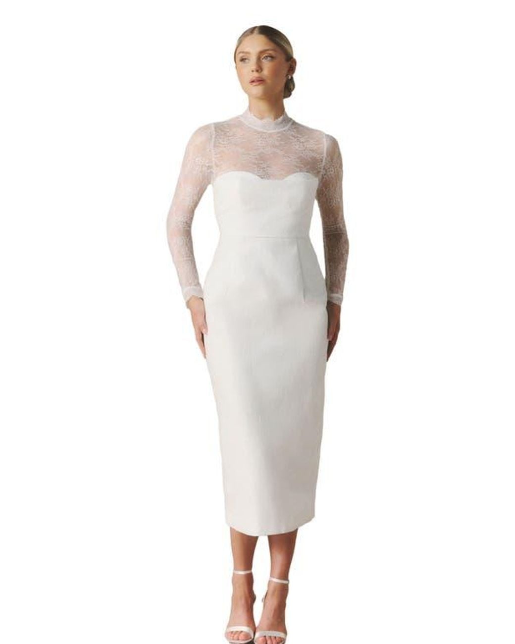 knee length dresses for ladies Freja Long Sleeve Cowl Neck Lace Mini Dress White– Selfie Leslie main image 0