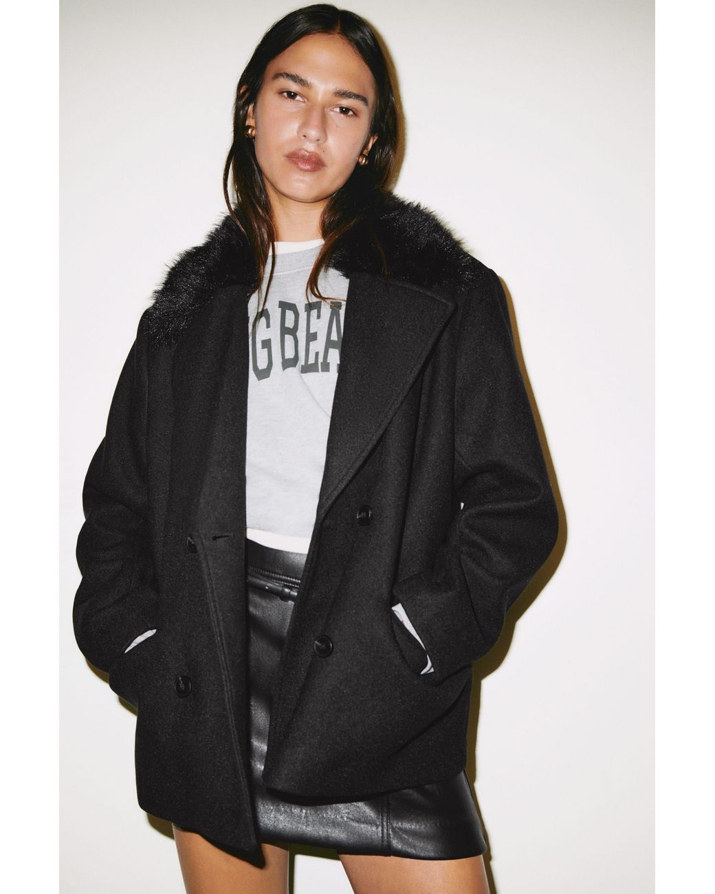 H&M Black Fluffy-Collared Pea Coat