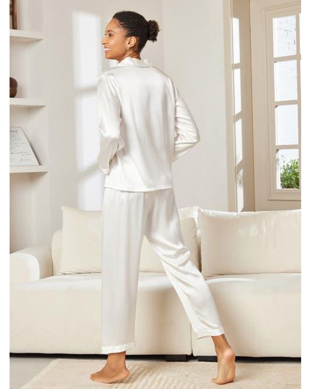 SILKSILKY Pure Silk Casual Button Up Pajamas in White | Lyst