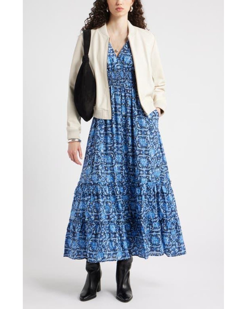 Chelsea28 Tiered Ruffle Long Sleeve Maxi Dress in Blue | Lyst