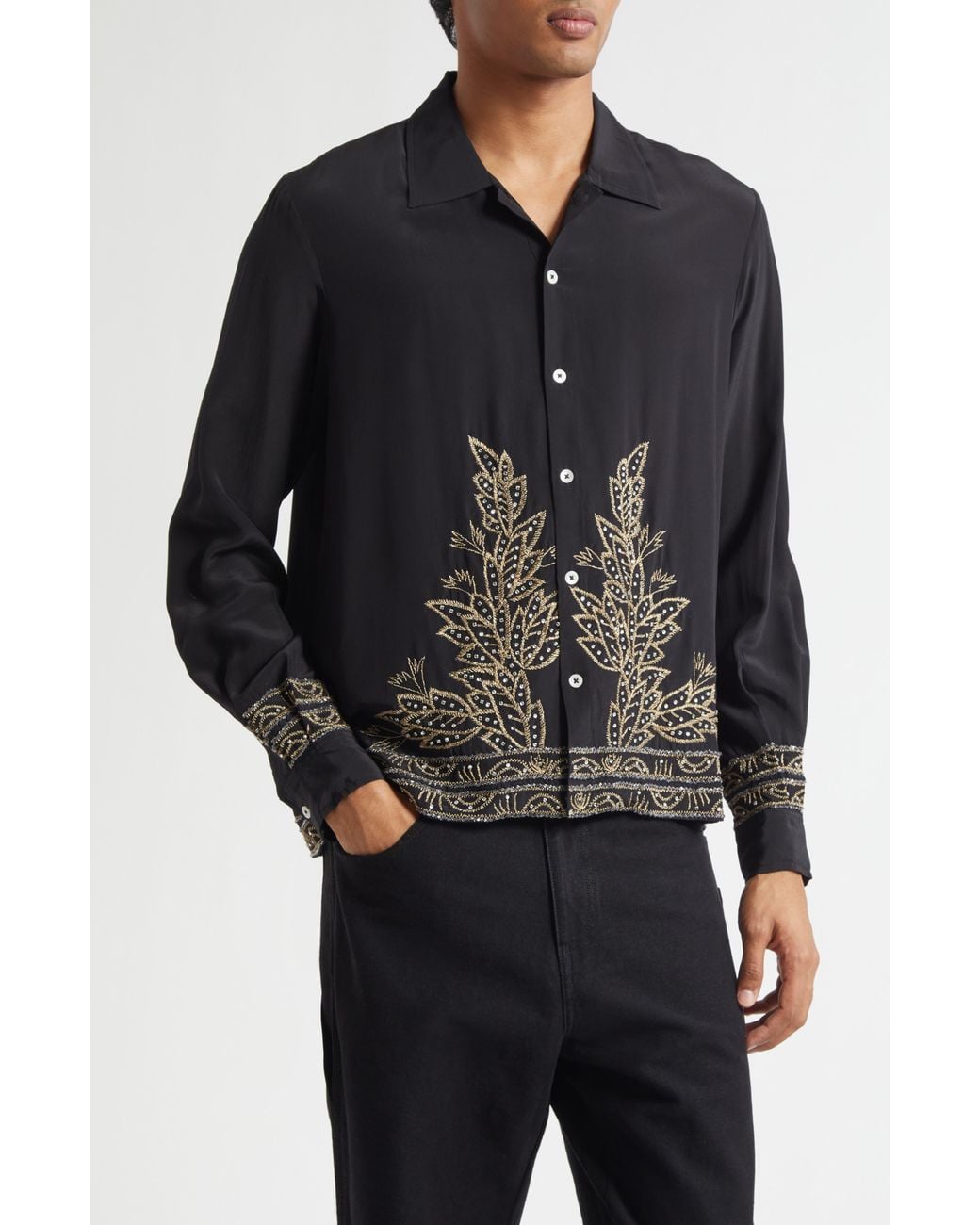 Bode Black Beaded Epoque Silk Button-Up Shirt for men