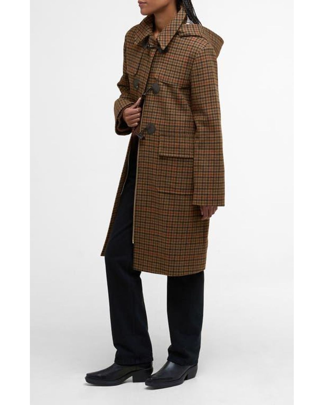 Barbour Melody Houndstooth Check Wool Blend Duffle Coat in Brown