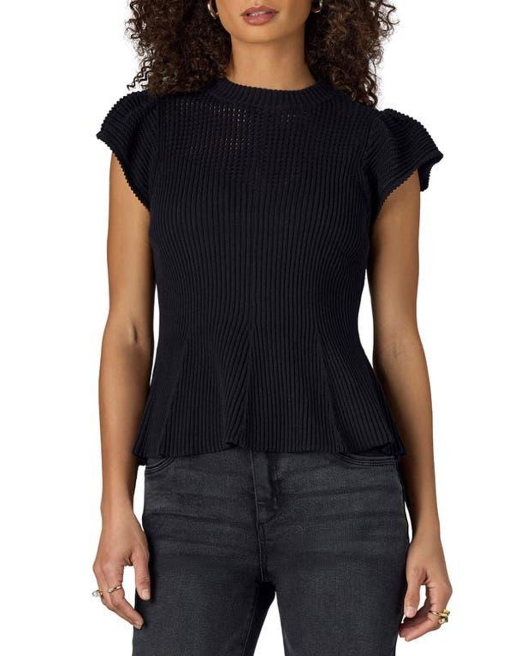 Wit & Wisdom Black Flutter Sleeve Rib Top