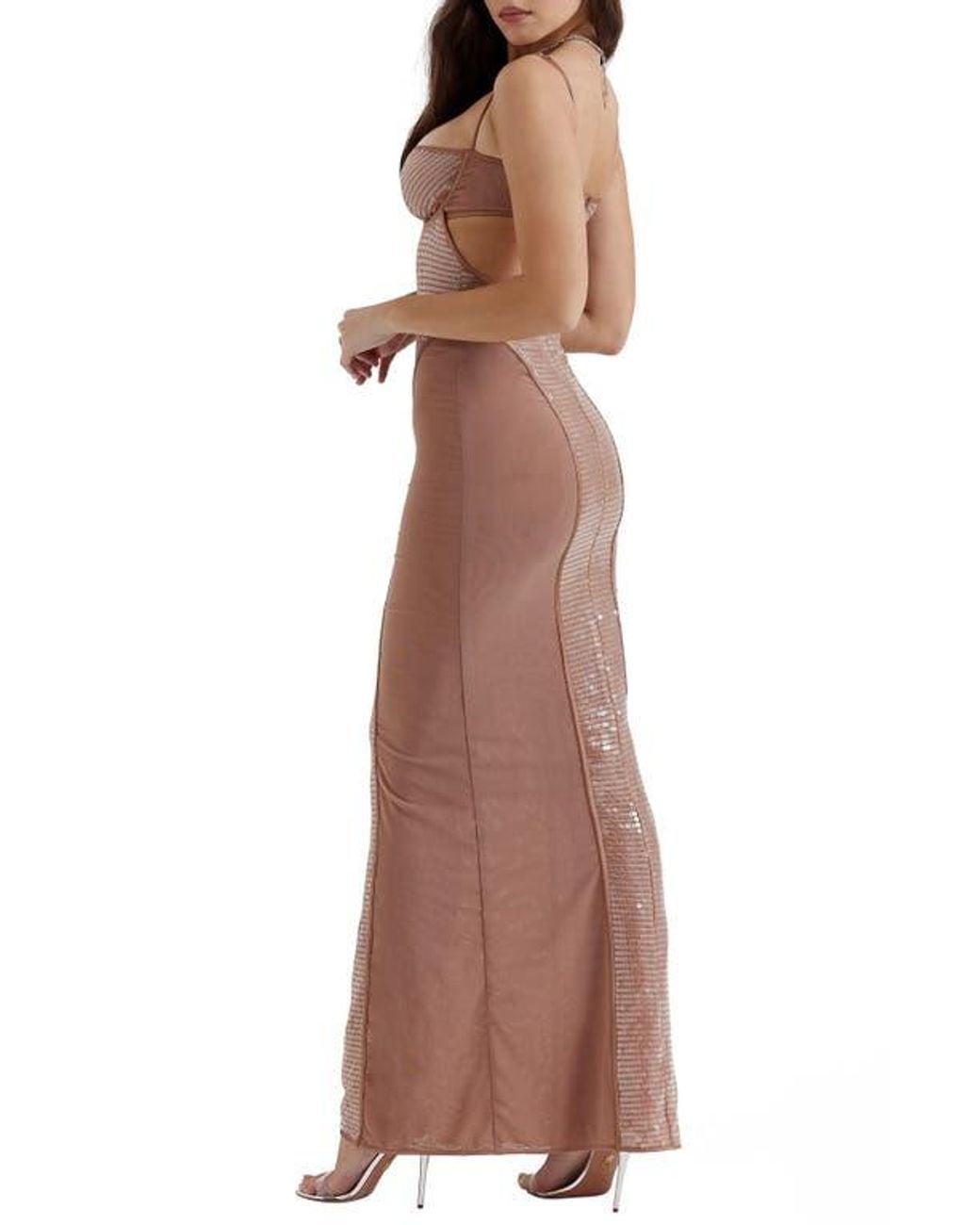House Of Cb Bonita Sequin Cutout Maxi Cocktail Dress in Brown | Lyst