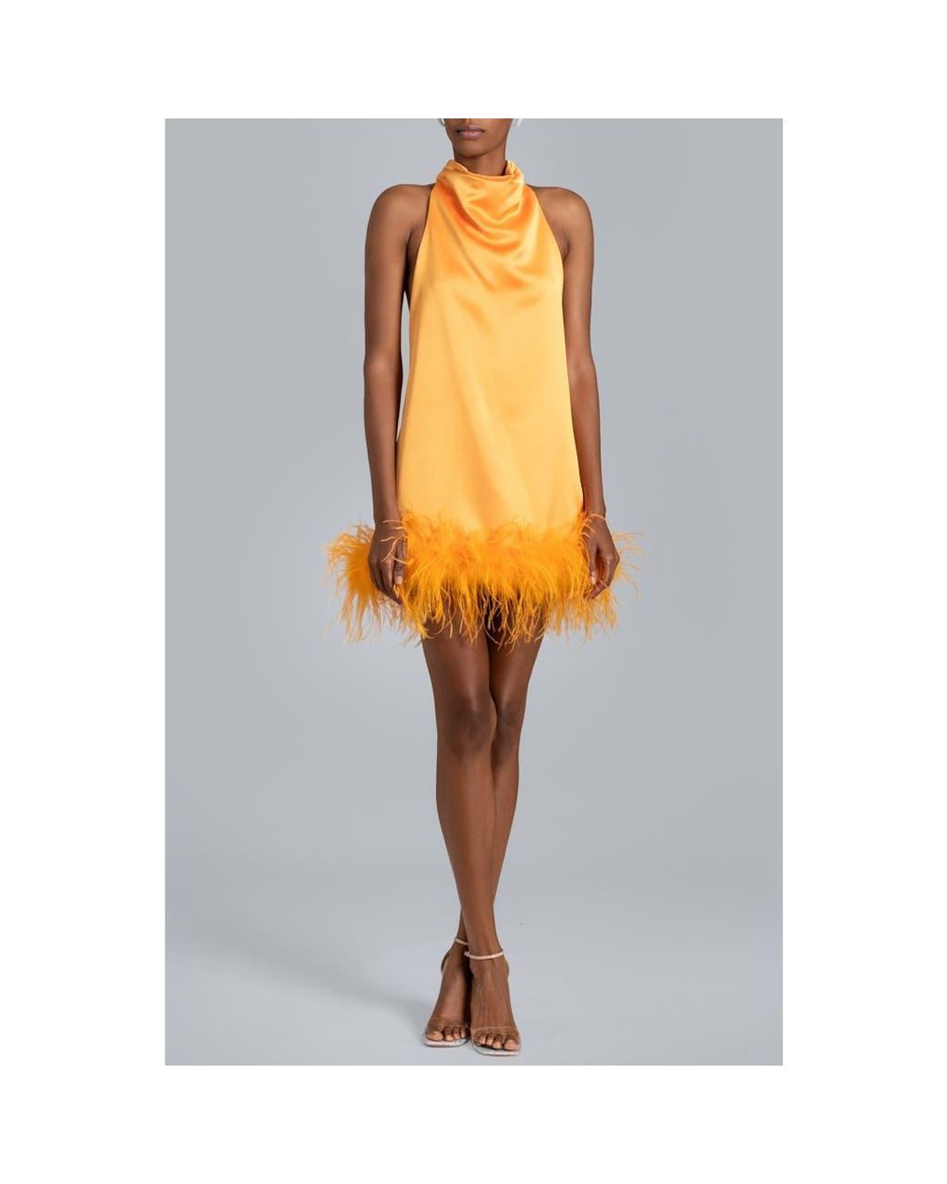 GRAIL Nolita Feather Trim Halter Satin Cocktail Minidress in Orange | Lyst