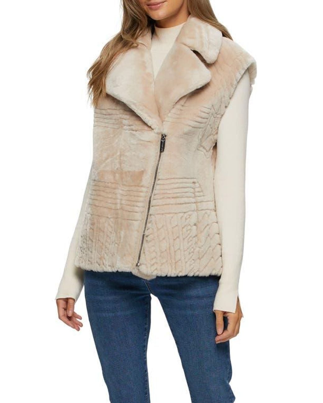 Gorski Natural Genuine Shearling Zip Vest With Grooved Pattern