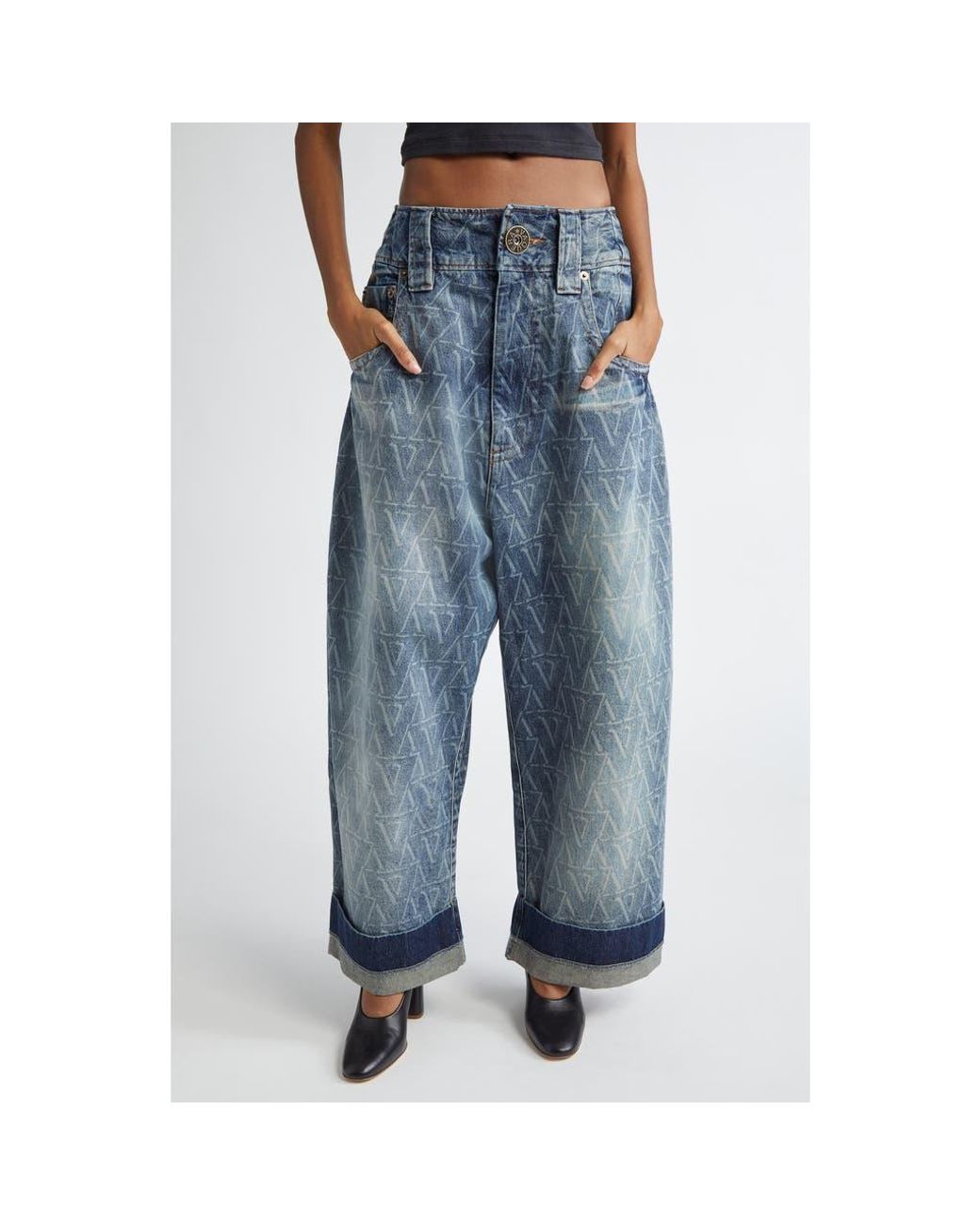 VAQUERA Baby Oversize Monogram High Waist Cuffed Wide Leg