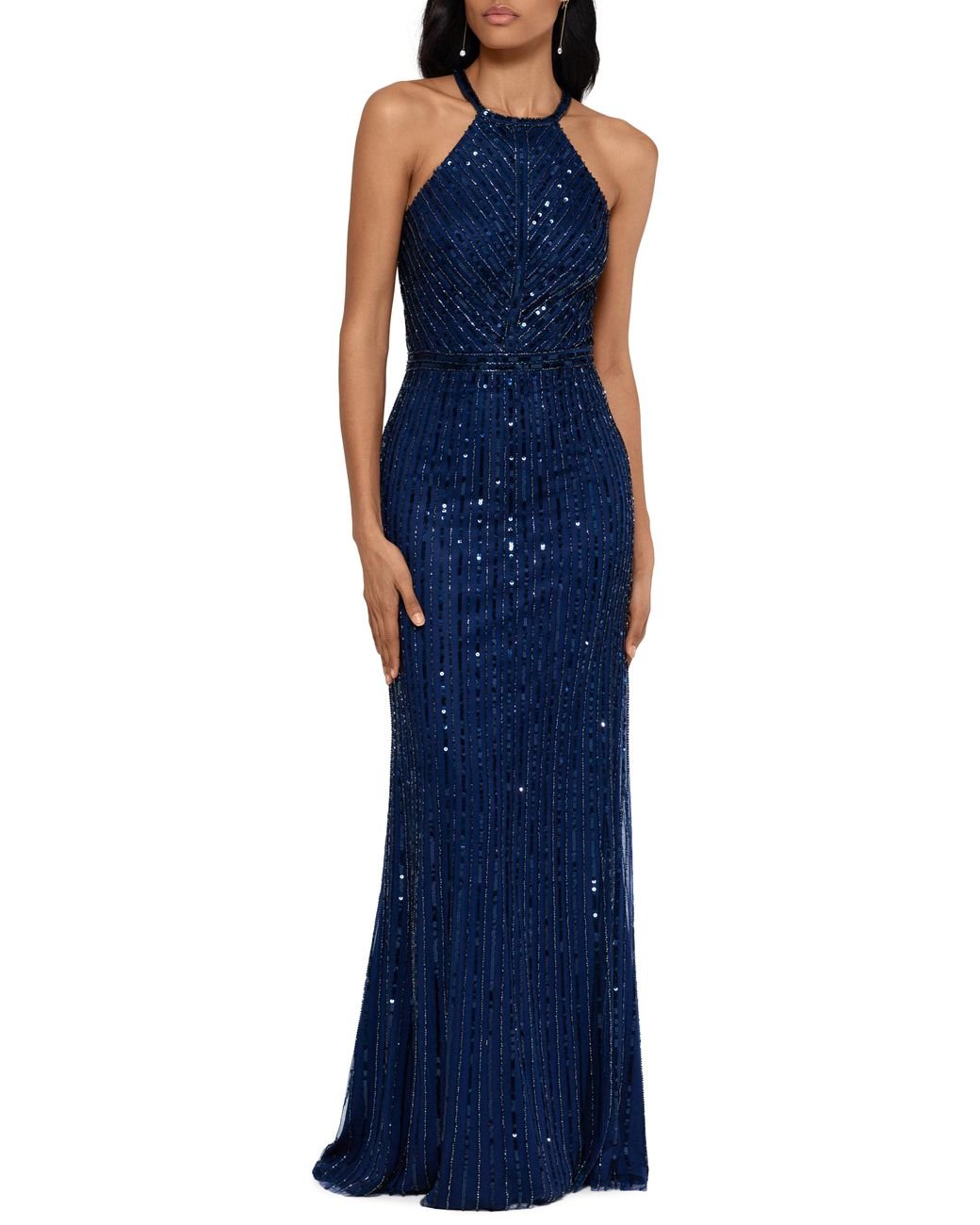Xscape Halter Neck Beaded Trumpet Gown in Blue Lyst