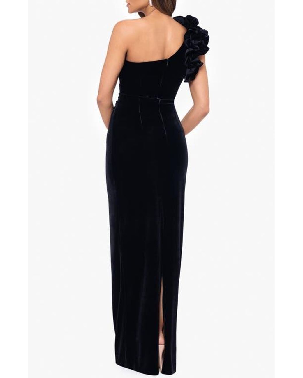 Velvet Ruffle Gown Xscape Evenings One-Shoulder Ruffle Stretch Velvet Gown in Black | Lyst