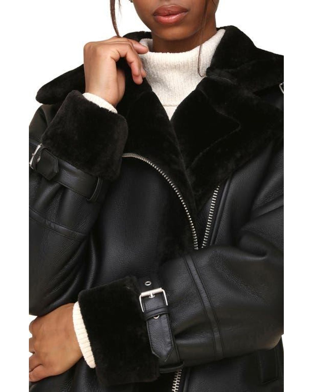 Avec Les Filles Oversize Faux Shearling Moto Jacket in Black Lyst