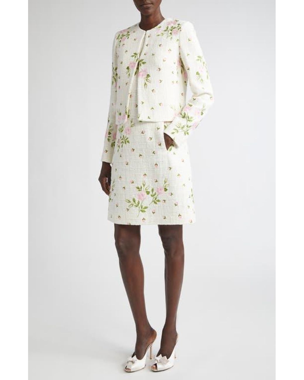 giambattista valli embroidered boucle mini dress Giambattista Valli Polka-Dot Boucle Long-Sleeve Godet Mini Dress