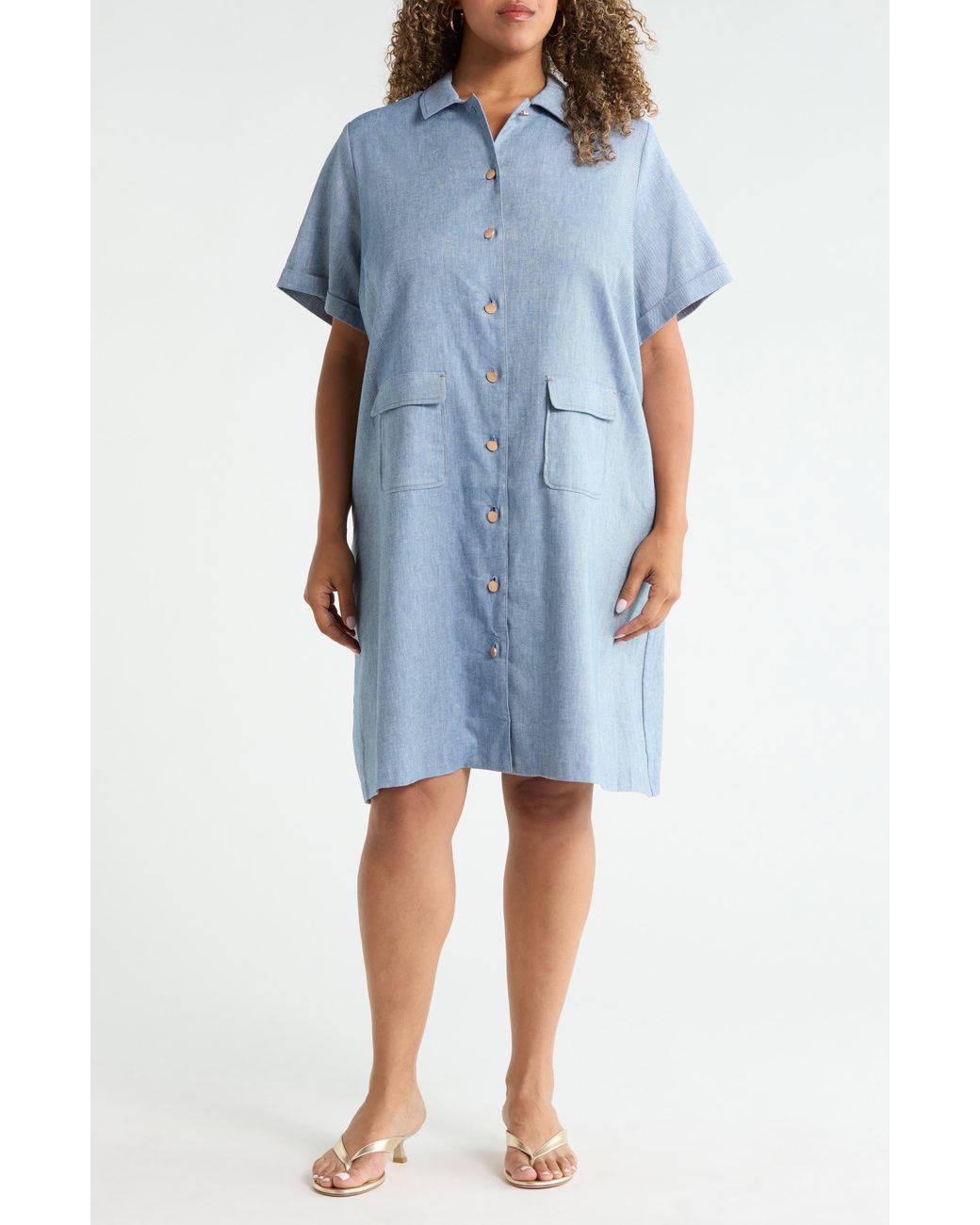 Halogen® Blue Button-Up Pocket Shirtdress