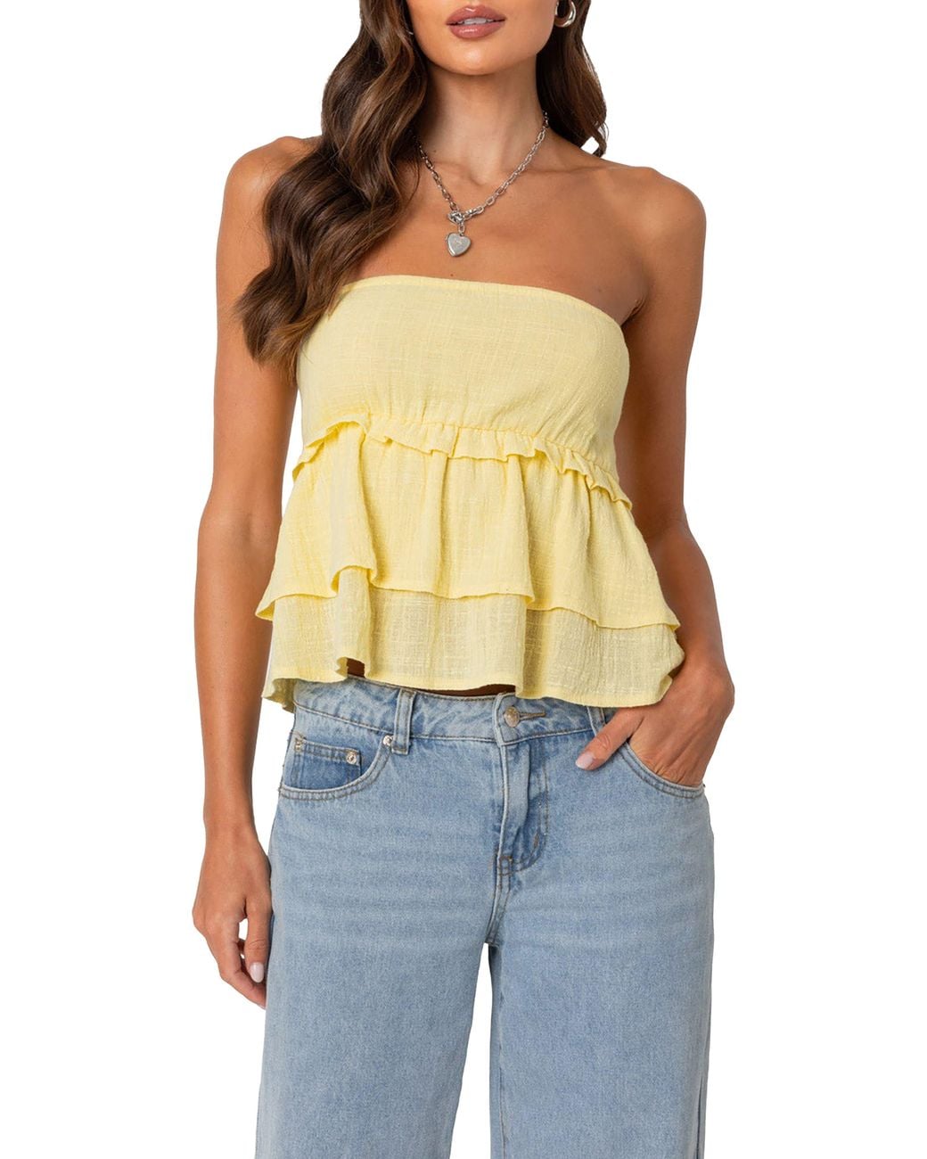 Edikted Blue Smocked Ruffle Strapless Top
