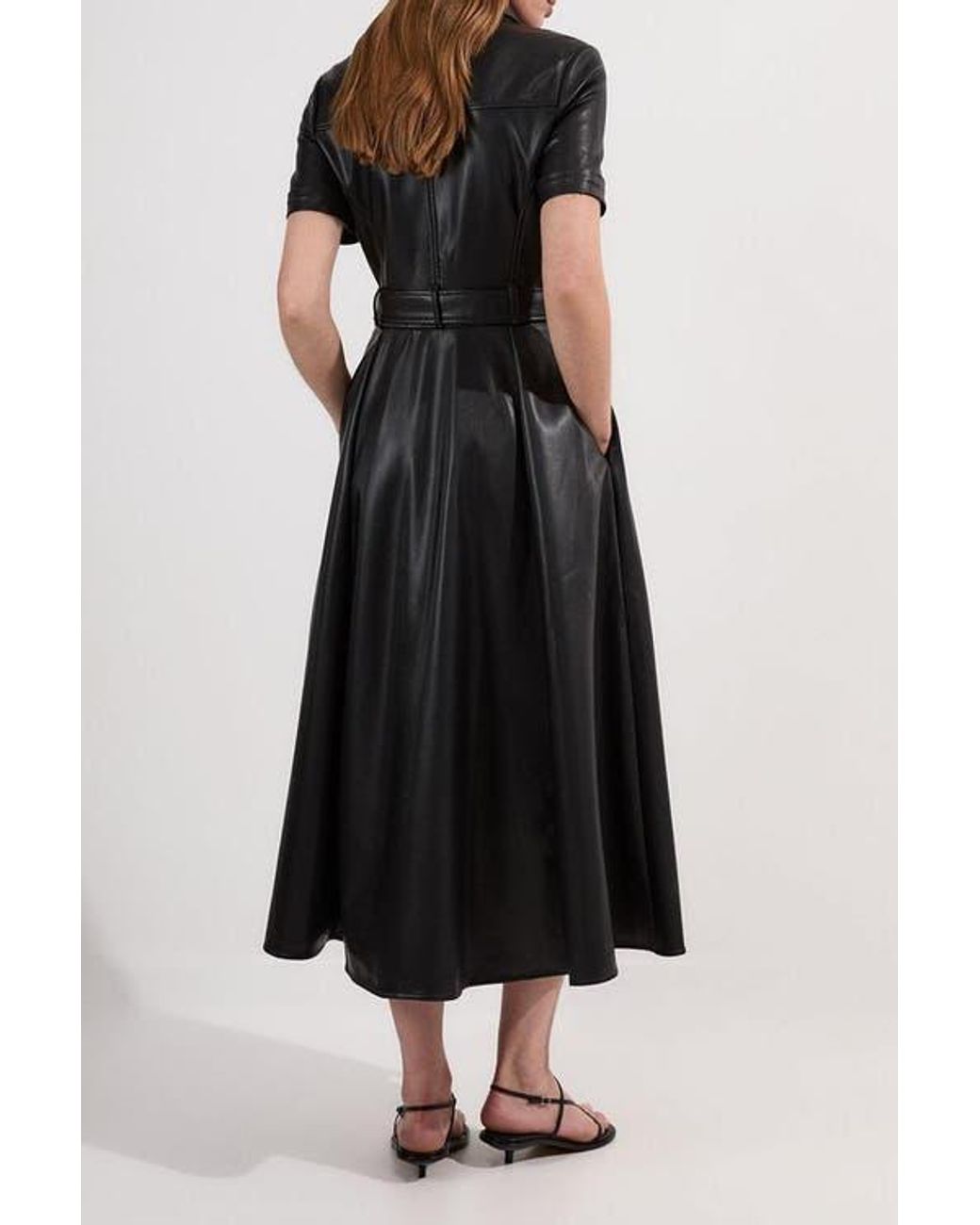 Karen Millen Faux Leather Belted Midi Shirt Dress in Black | Lyst