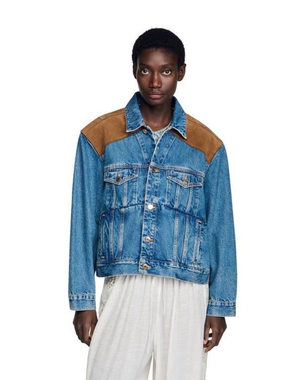 Sandro Blue Denim And Suede Jacket