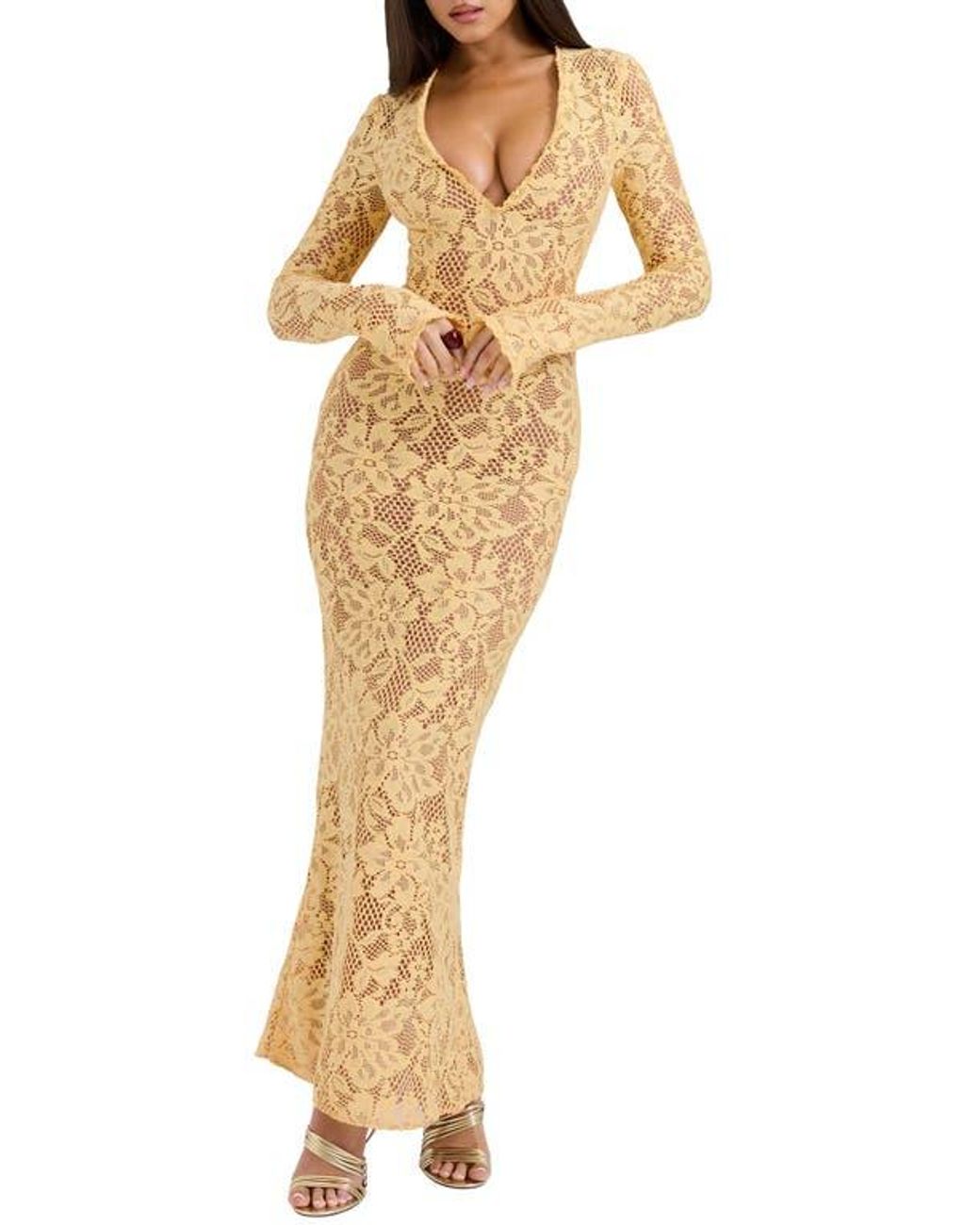 knee length dresses for ladies HOUSE OF CB Delilah Long Sleeve Lace Maxi Dress – Luxe by Kan main image 1